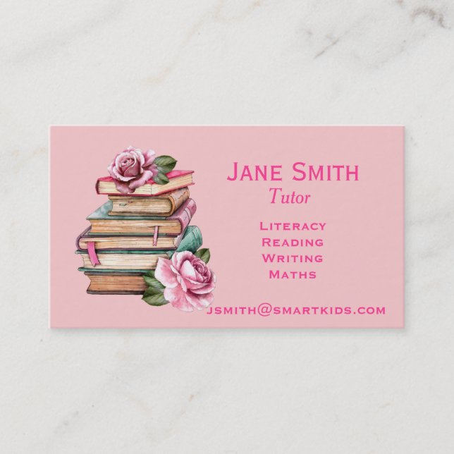 Freelance literacy tutor or teacher pink books business card (Front)