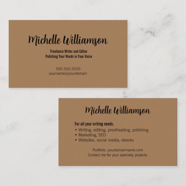 Freelance Writer Minimal Warm Brown Business Card (Front/Back)