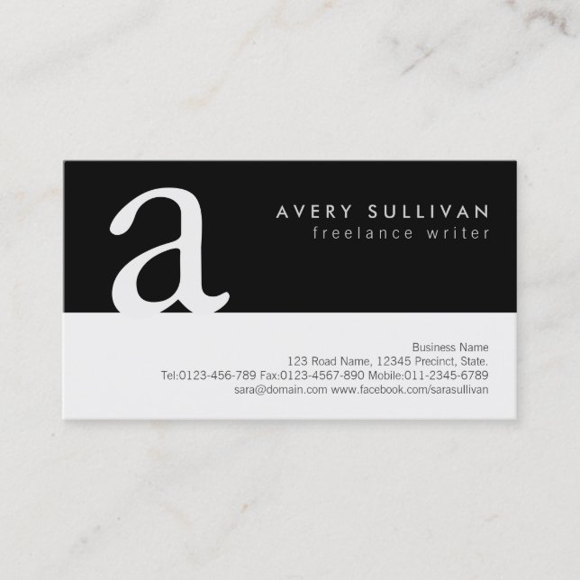 Freelance Writer Simple Black White Monogram Business Card (Front)