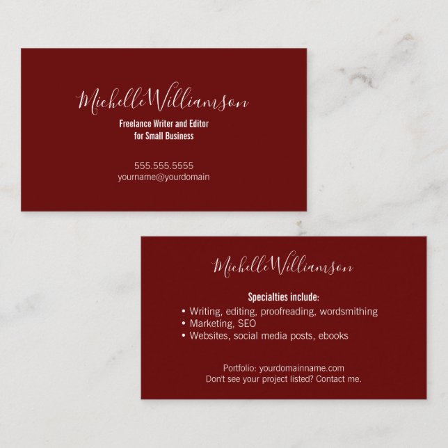 Freelancer Entrepreneur Small Biz Owner Burgundy Business Card (Front/Back)