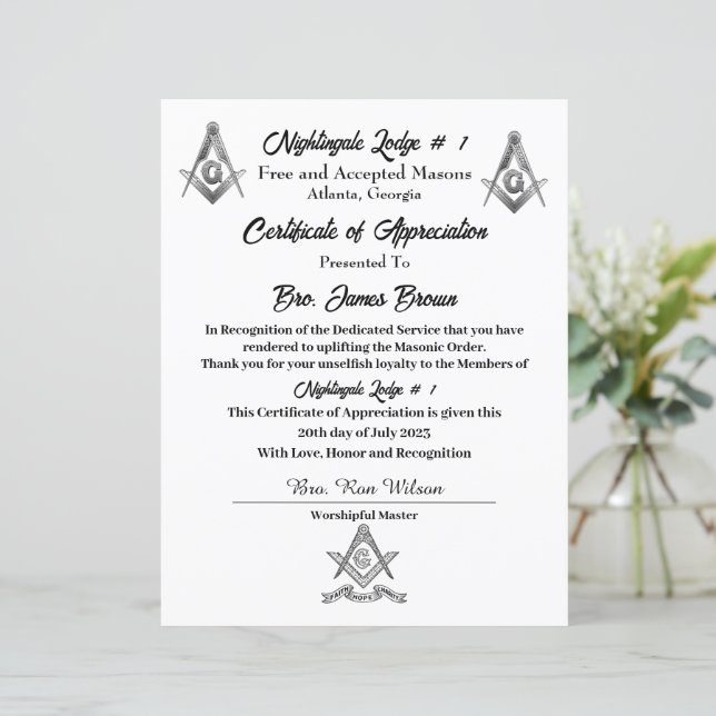 Freemason Certificate of Appreciation (Standing Front)