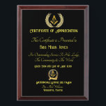 Freemason Certificate of appreciation Award Plaque<br><div class="desc">Freemason Certificate of appreciation</div>