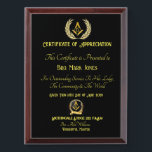 Freemason Certificate of appreciation Award Plaque<br><div class="desc">Freemason Certificate of appreciation</div>