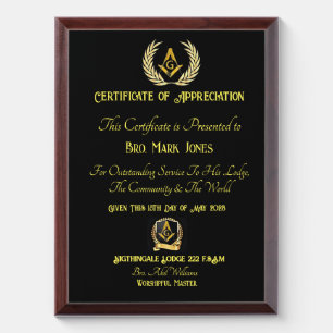 Freemason Certificate of appreciation Award Plaque