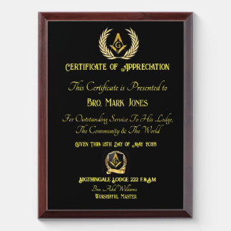 Freemason Certificate of appreciation Award Plaque