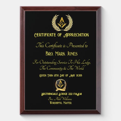 Freemason Certificate of appreciation Award Plaque