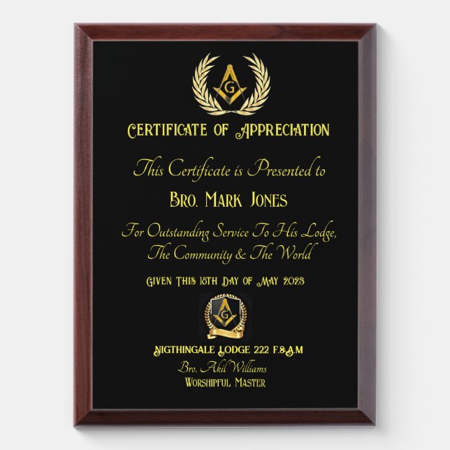 Freemason Certificate of appreciation Award Plaque (Vertical)