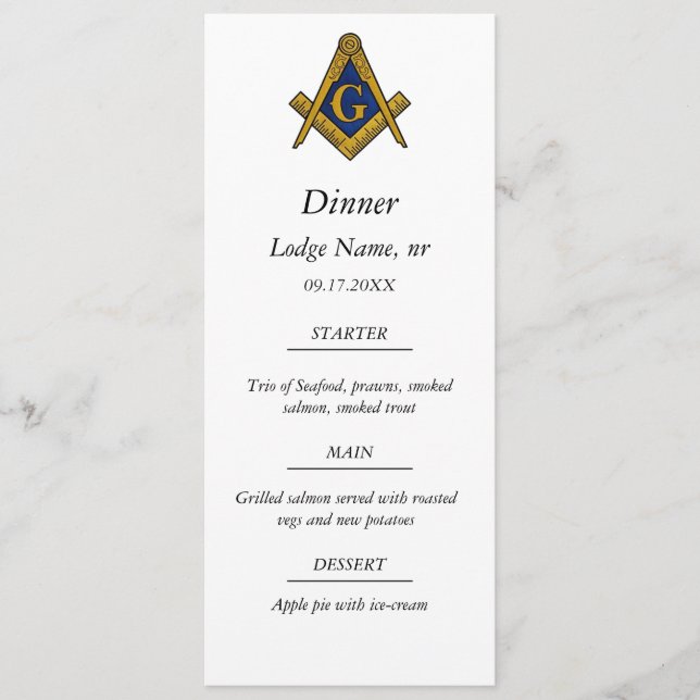 Freemason Masonic Masonry Dinner Food  Menu (Front)