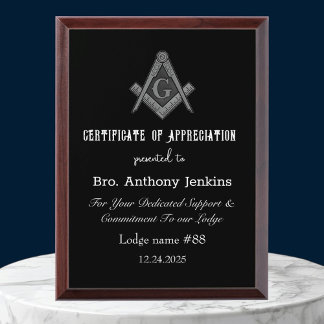 Freemason Master Mason Lodge Masonry Award Plaque