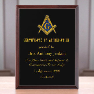 Freemason Master Mason Lodge Masonry Award Plaque