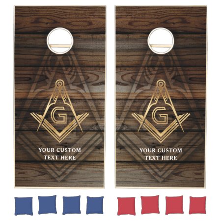 Freemason Party Ideas | Gold Rustic Wood Masonic Cornhole Set