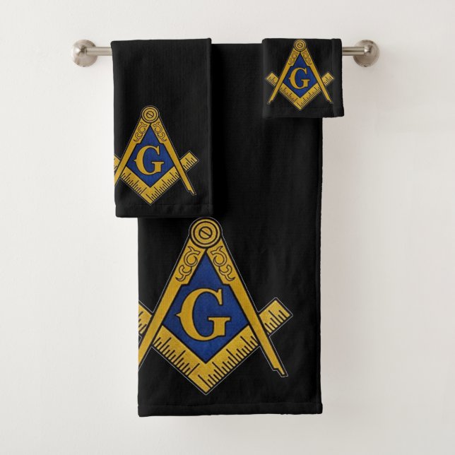 Freemason Square and Compass Masonic Black Bath Towel Set (Insitu)