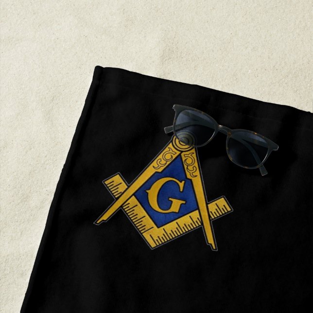 Freemason Square and Compass Masonic Black Beach Towel (In Situ)