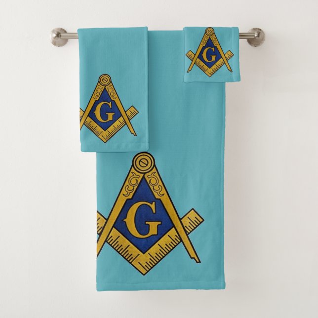 Freemason Square and Compass Masonic Blue Bath Towel Set (Insitu)