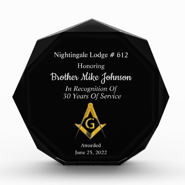Freemason Years of Services  Acrylic Award (Front)