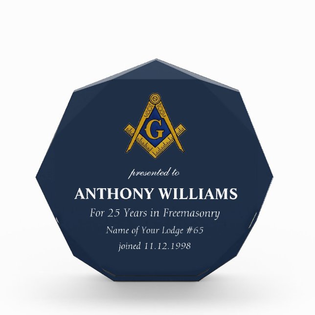 Freemasonry Freemason Masonic Navy Blue Acrylic Award (Front)