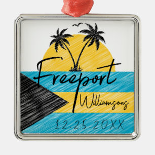 Freeport Bahamas Flag Palm Tree Sunset Souvenirs Metal Ornament