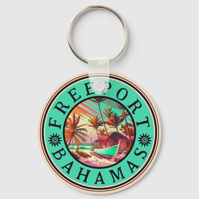 Freeport Bahamas Retro Sunset Travel Souvenir 50s Keychain (Front)
