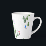 Freeride Alpine Skiers Skiing Illustration Latte Mug<br><div class="desc">Cool winter themed skier pattern design with skiers skiing down alpine ski resort slopes among snow covered fir trees in alps. Freeride skiers are wearing colorful vintage retro ski suits, skiing downhill with skis on a white snowy mountain landscape background. Wonderful winter sport fun gift for a skier in your...</div>
