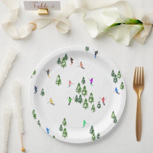 Freeride Alpine Skiers Skiing Illustration Party  Paper Plates