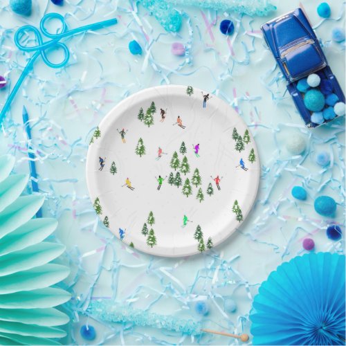 Freeride Alpine Skiers Skiing Illustration Party  Paper Plates