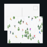 Freeride Alpine Skiers Skiing Illustration Party   Postcard<br><div class="desc">Cool winter themed skier pattern design with skiers skiing down alpine ski resort slopes among snow covered fir trees in alps. Freeride skiers are wearing colorful vintage retro ski suits, skiing downhill with skis on a white snowy mountain landscape background. Wonderful winter sport fun gift for a skier in your...</div>