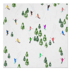 Freeride Alpine Skiers Skiing Illustration Party  Poster