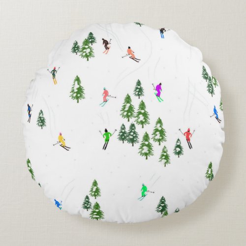 Freeride Alpine Skiers Skiing Illustration Party  Round Pillow