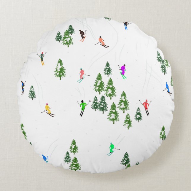 Freeride Alpine Skiers Skiing Illustration Party  Round Pillow (Front)