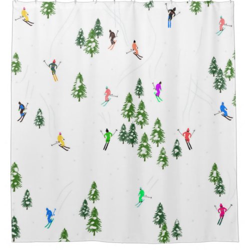 Freeride Alpine Skiers Skiing Illustration Party   Shower Curtain