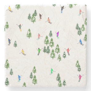 Freeride Alpine Skiers Skiing Illustration Party   Stone Coaster