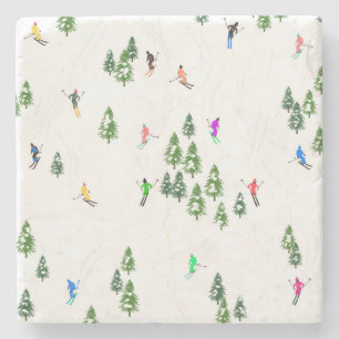 Freeride Alpine Skiers Skiing Illustration Party Stone Coaster