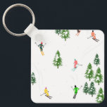 Freeride Alpine Skiers Skiing illustration Ski Keychain<br><div class="desc">Cool winter themed skier pattern design with skiers skiing down alpine ski resort slopes among snow covered fir trees in alps. Freeride skiers are wearing colorful vintage retro ski suits, skiing downhill with skis on a white snowy mountain landscape background. Wonderful winter sport fun gift for a skier in your...</div>