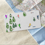 Freeride Alpine Skiers Skiing Illustration Ski  License Plate<br><div class="desc">Cool winter themed skier pattern design with skiers skiing down alpine ski resort slopes among snow covered fir trees in alps. Freeride skiers are wearing colorful vintage retro ski suits, skiing downhill with skis on a white snowy mountain landscape background. Wonderful winter sport fun gift for a skier in your...</div>