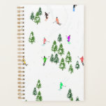 Freeride Alpine Skiers Skiing illustration Ski Planner<br><div class="desc">Cool winter themed skier pattern design with skiers skiing down alpine ski resort slopes among snow covered fir trees in alps. Freeride skiers are wearing colorful vintage retro ski suits, skiing downhill with skis on a white snowy mountain landscape background. Wonderful winter sport fun gift for a skier in your...</div>