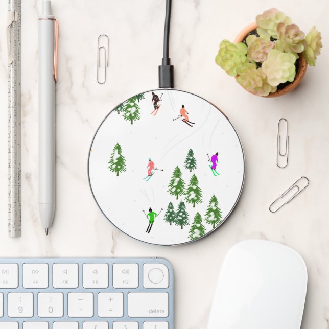 Freeride Alpine Skiers Skiing Illustration   Wireless Charger (Desk)