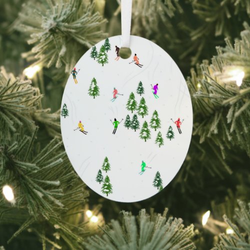 Freeride Alpine Skiers Skiing Illustration Xmas Metal Ornament