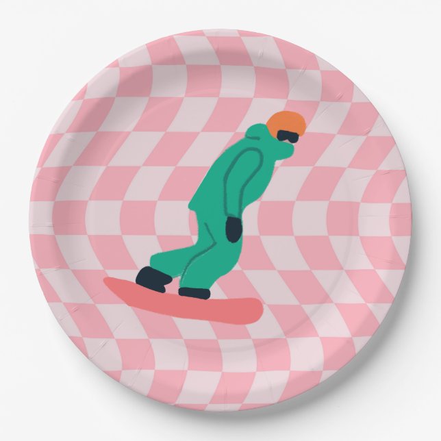 Freeride Snowboarder Green Suit Checkered Pink Paper Plates (Front)