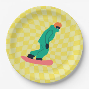 Freeride Snowboarder Green Suit Checkered Yellow Paper Plates
