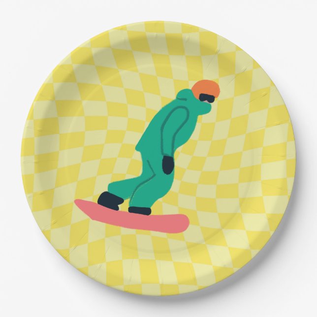 Freeride Snowboarder Green Suit Checkered Yellow Paper Plates (Front)