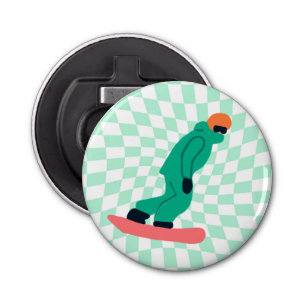 Freeride Snowboarder In Green Suit Checkered Bottle Opener