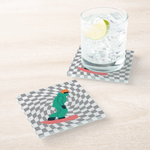 Freeride Snowboarder In Green Suit Checkered Glass Coaster