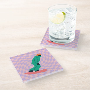 Freeride Snowboarder In Green Suit Checkered      Glass Coaster