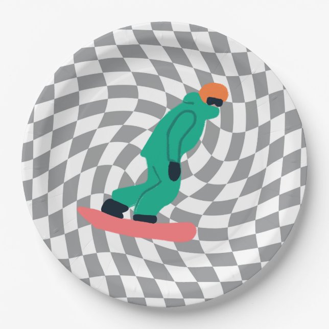 Freeride Snowboarder In Green Suit Checkered Grey Paper Plates (Front)