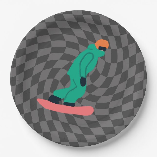 Freeride Snowboarder In Green Suit Checkered Grey Paper Plates (Front)