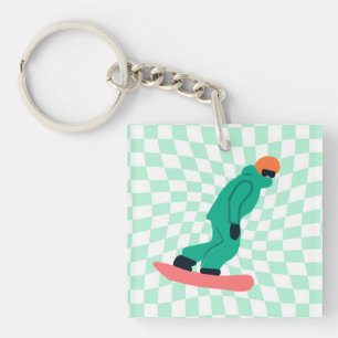 Freeride Snowboarder In Green Suit Checkered Keychain