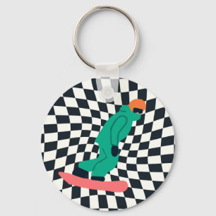 Freeride Snowboarder In Green Suit Checkered Keychain