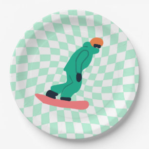 Freeride Snowboarder In Green Suit Checkered Mint Paper Plates