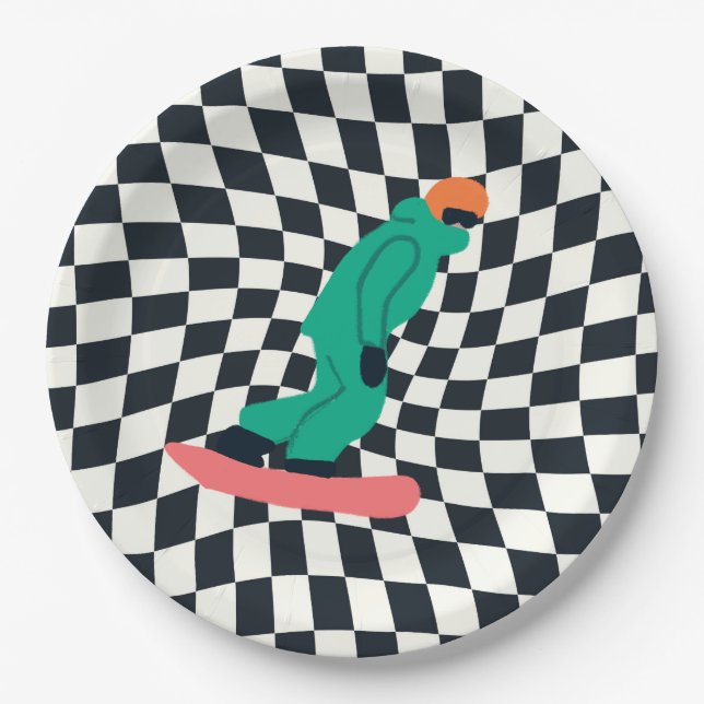Freeride Snowboarder In Green Suit Checkered   Paper Plates (Front)