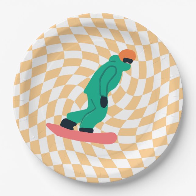 Freeride Snowboarder In Green Suit Checkered    Paper Plates (Front)
